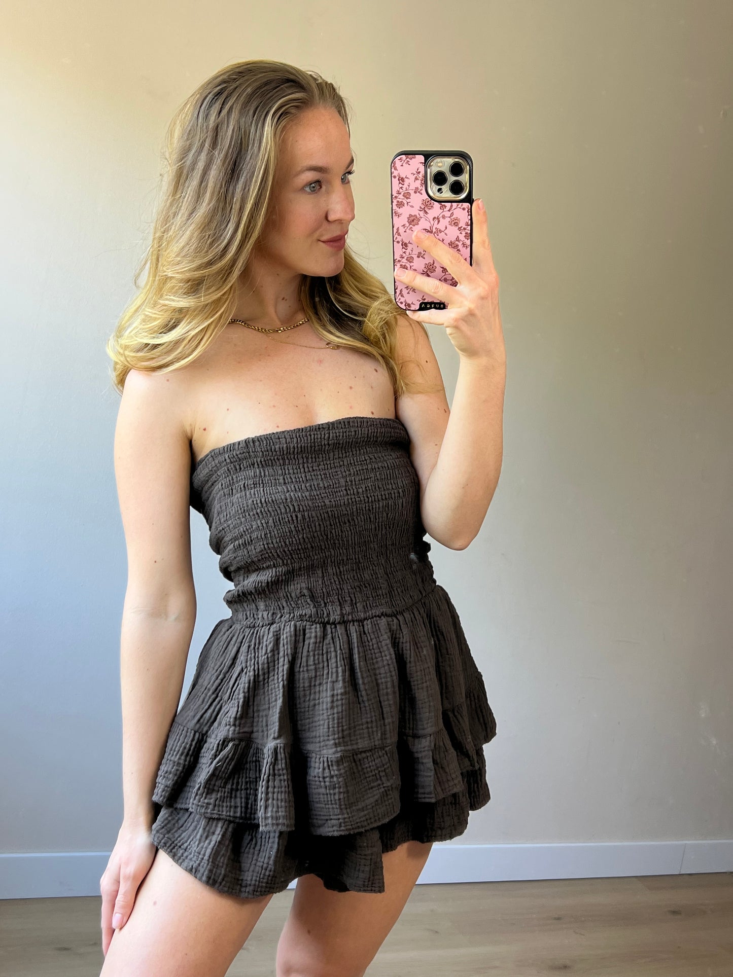 Off Shoulder Cotton Playsuit Brown