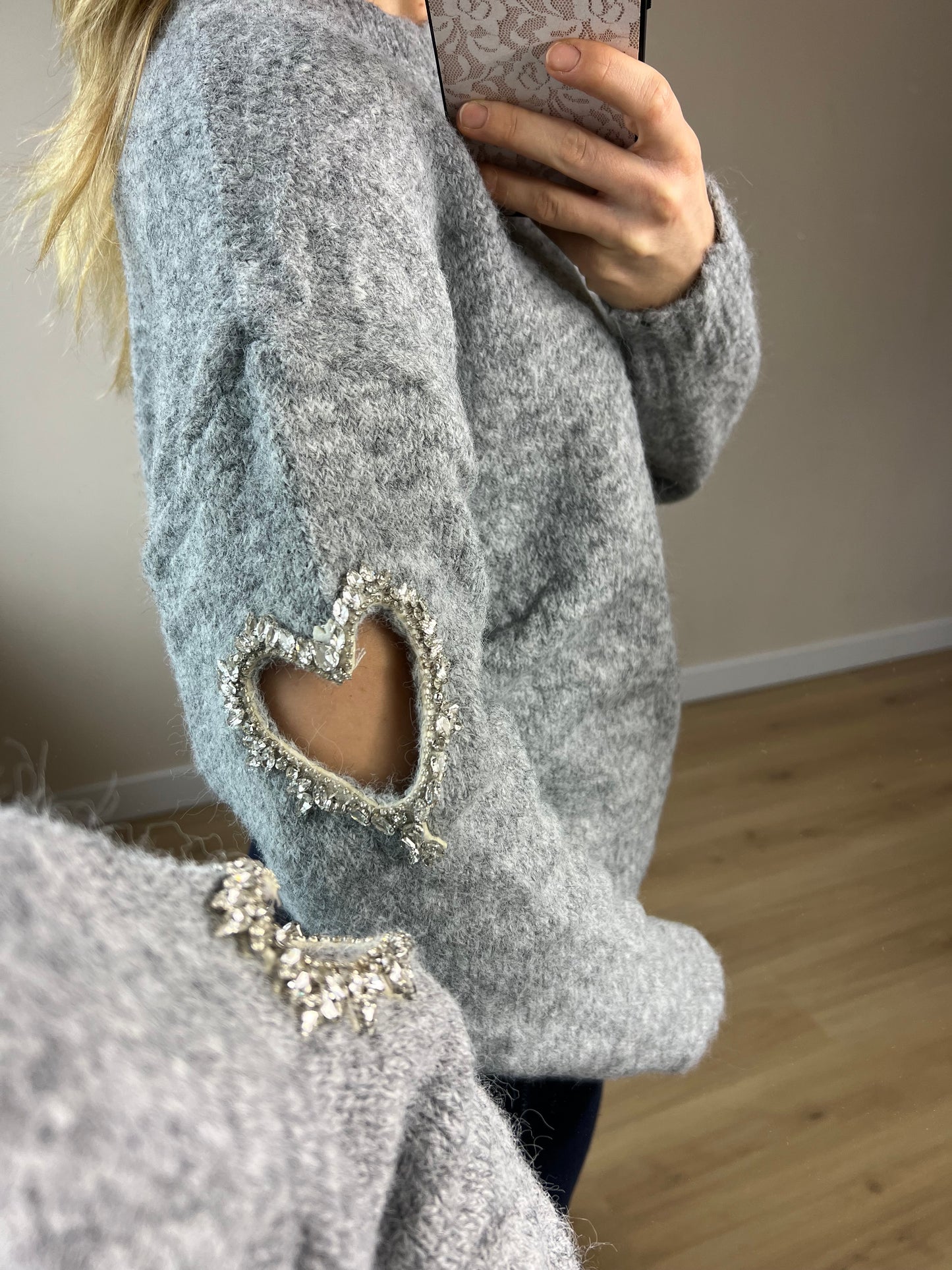 Heart Strass Sweater Grey