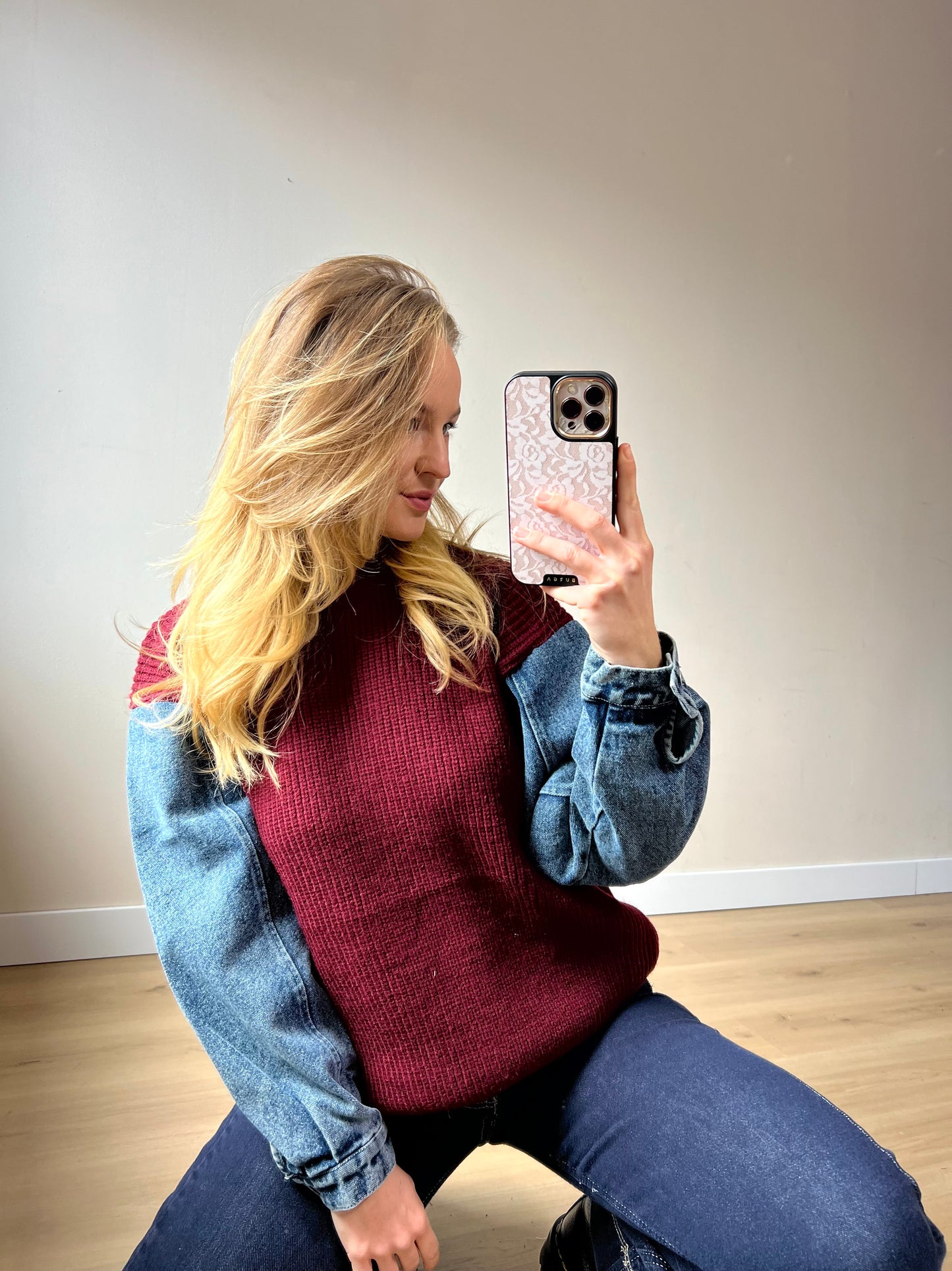 Denim Sleeve Knit Bordeaux