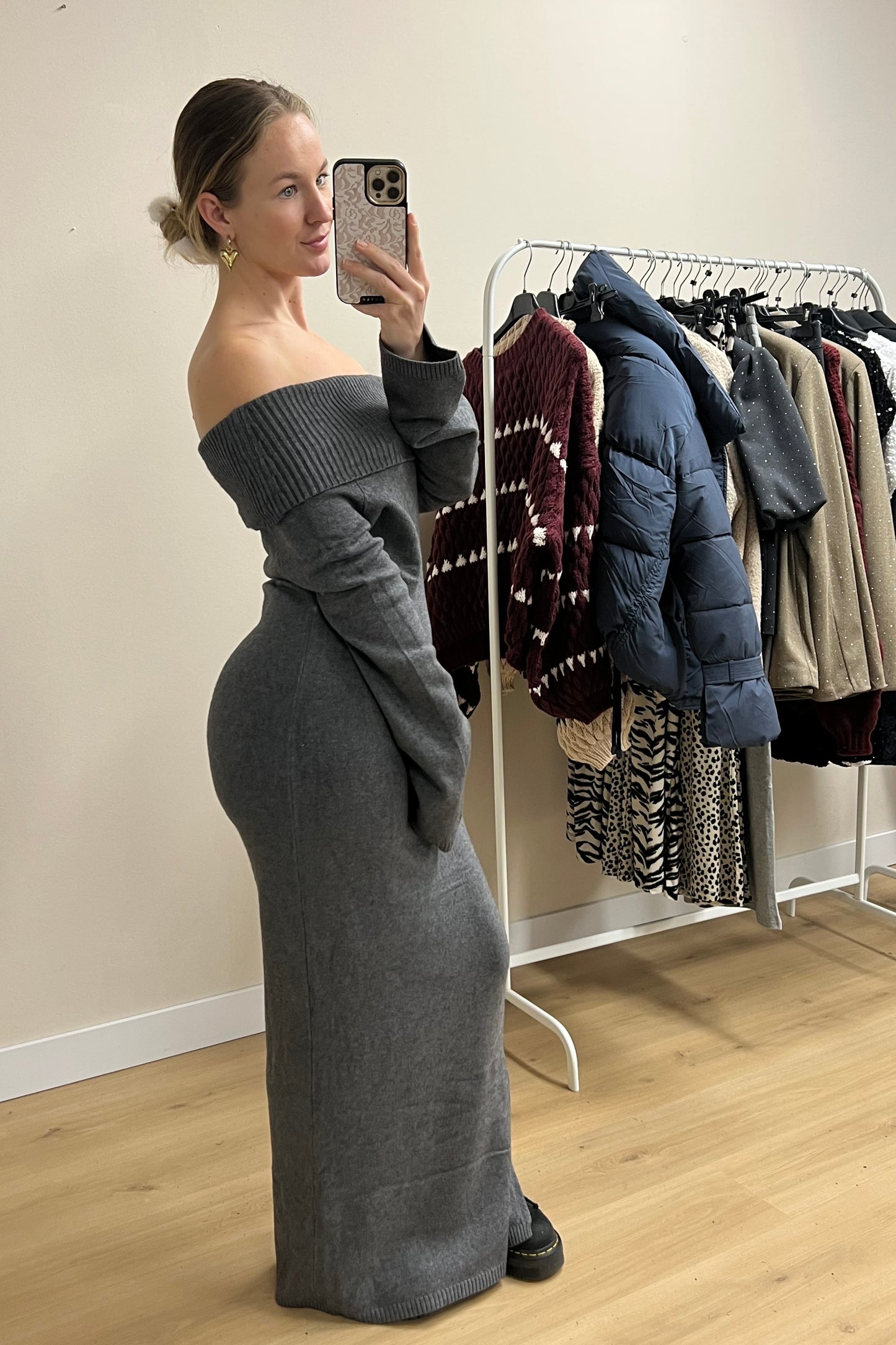 Comfy Off Shoulder Dress Grey