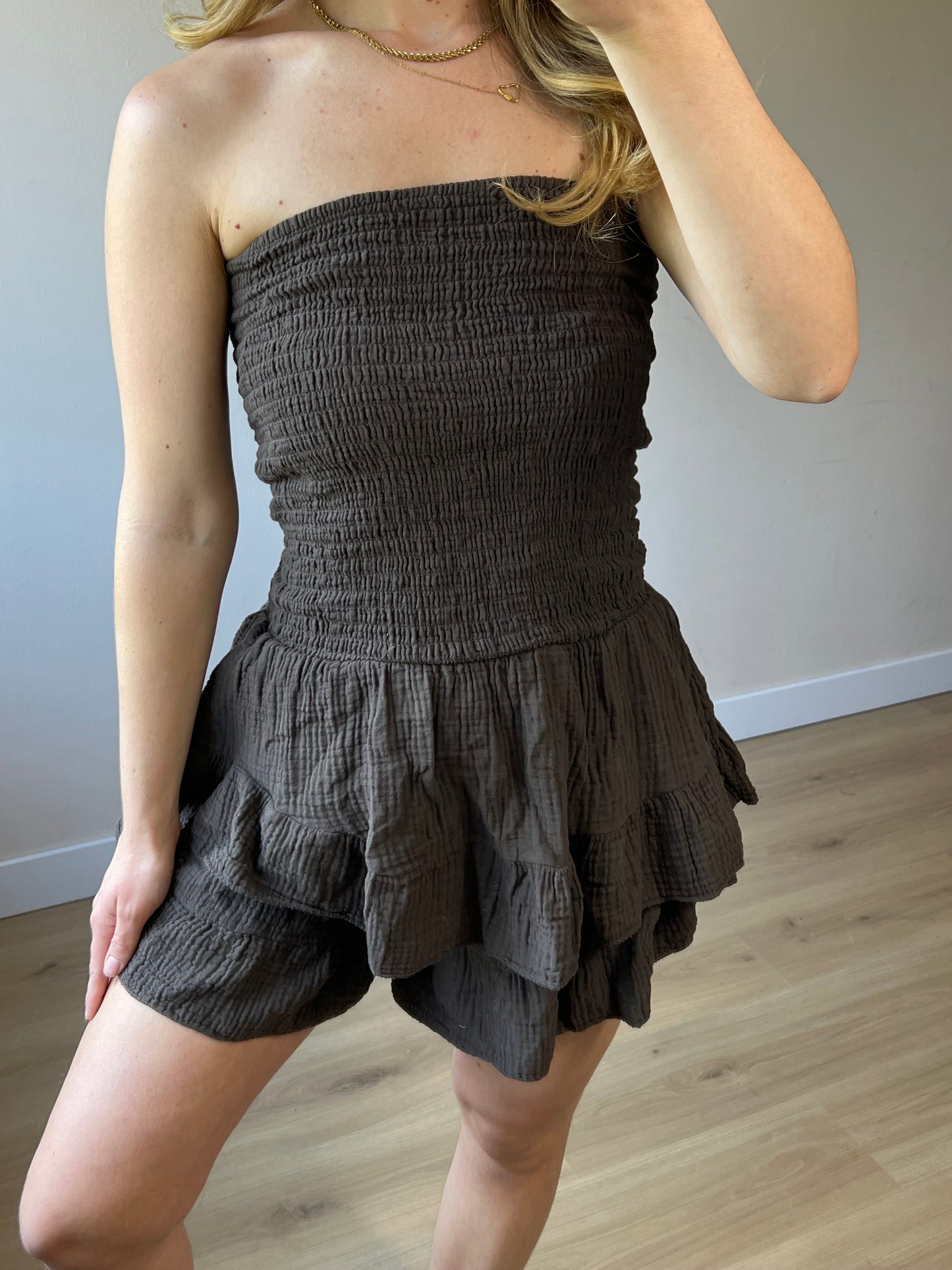 Off Shoulder Cotton Playsuit Brown