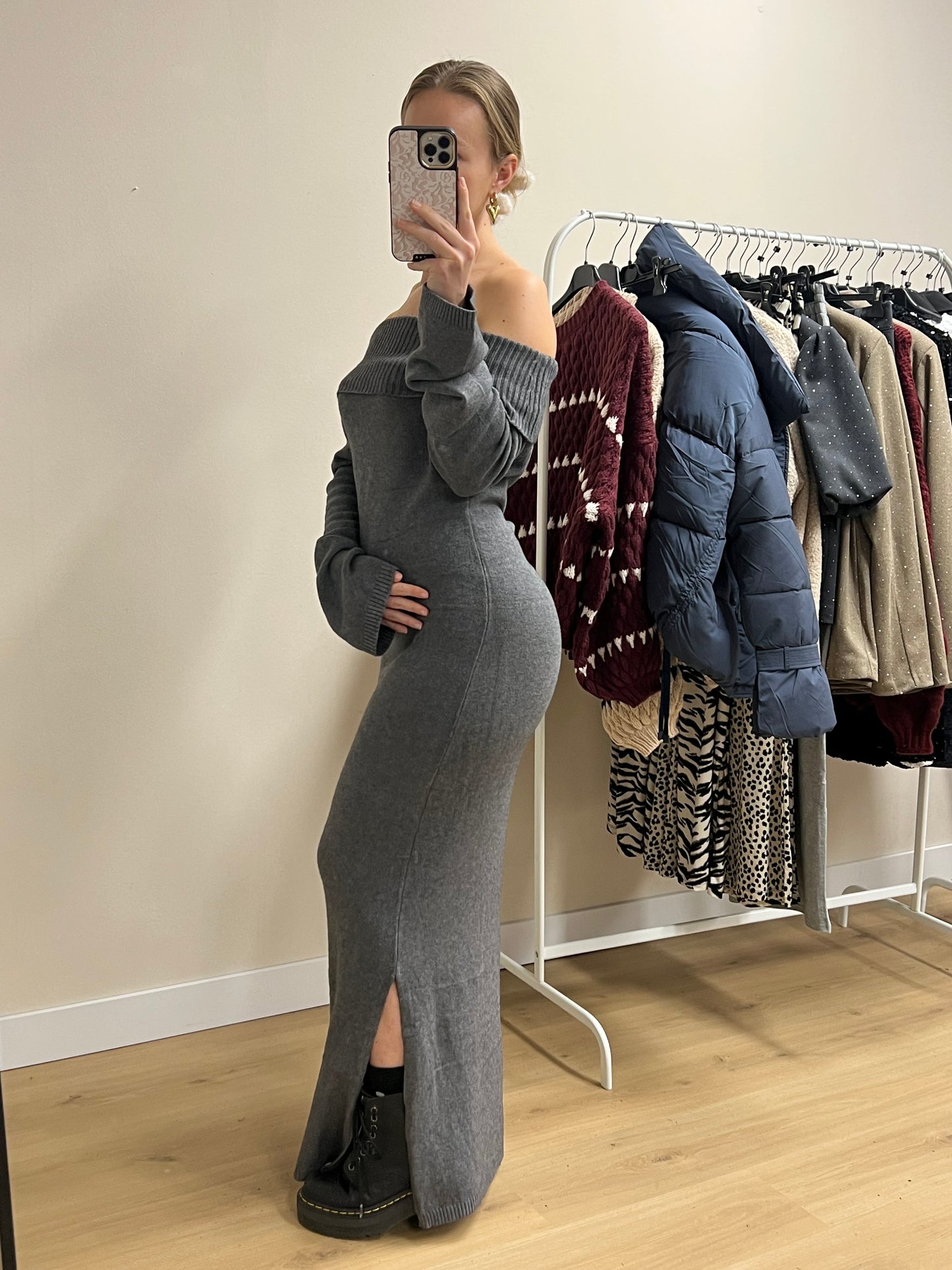 Comfy Off Shoulder Dress Grey