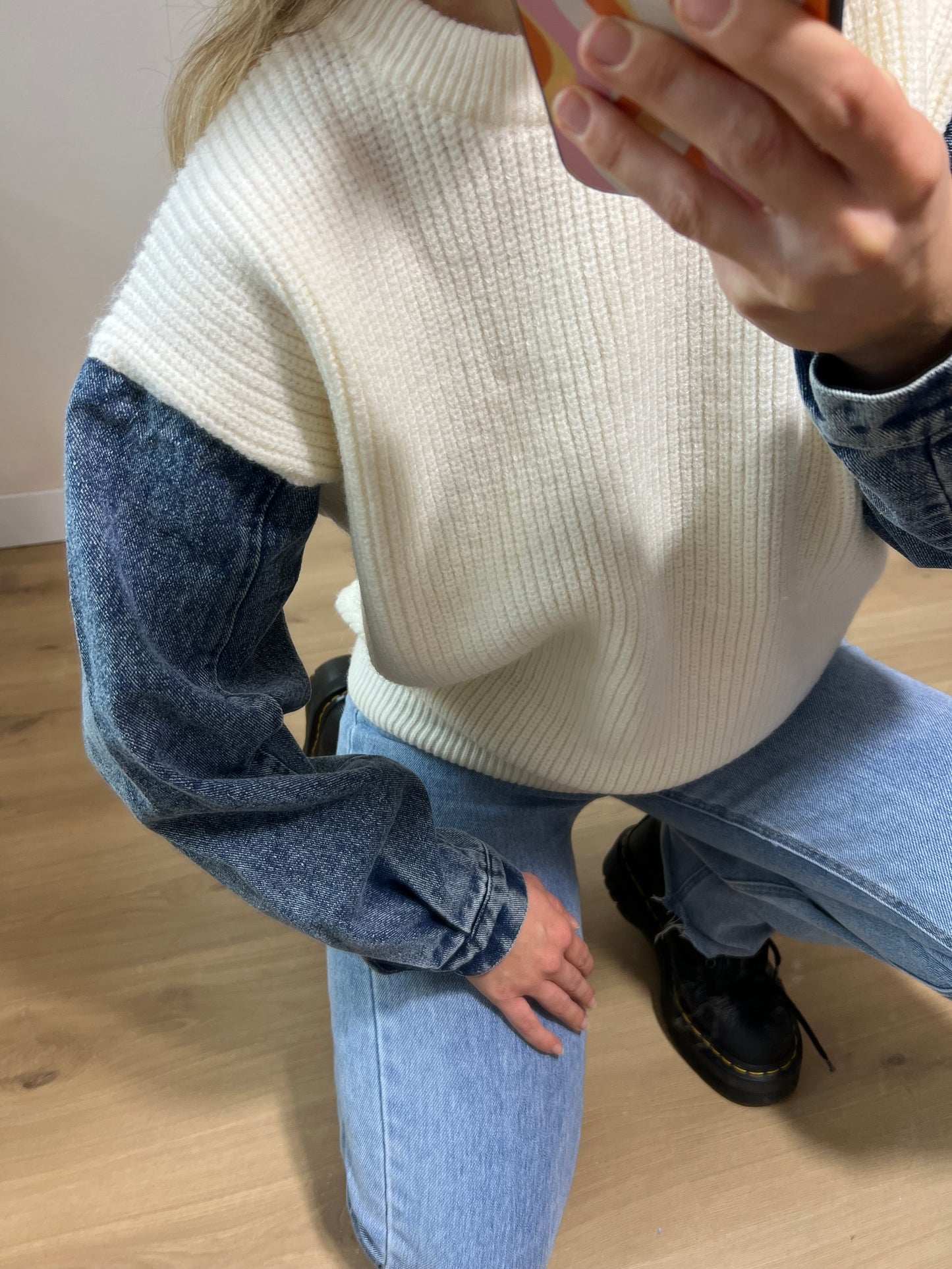 Denim Sleeve Knit White