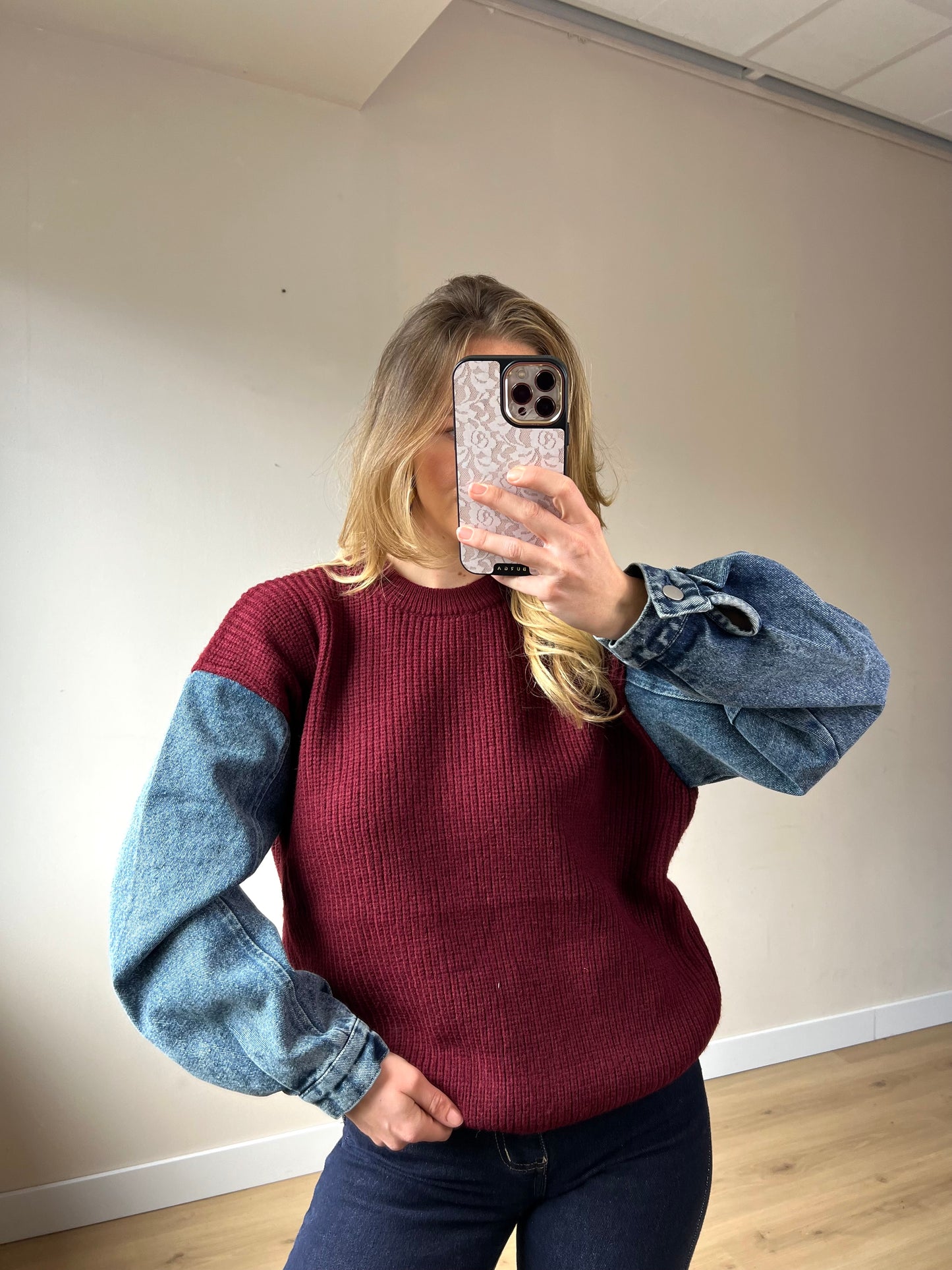 Denim Sleeve Knit Bordeaux