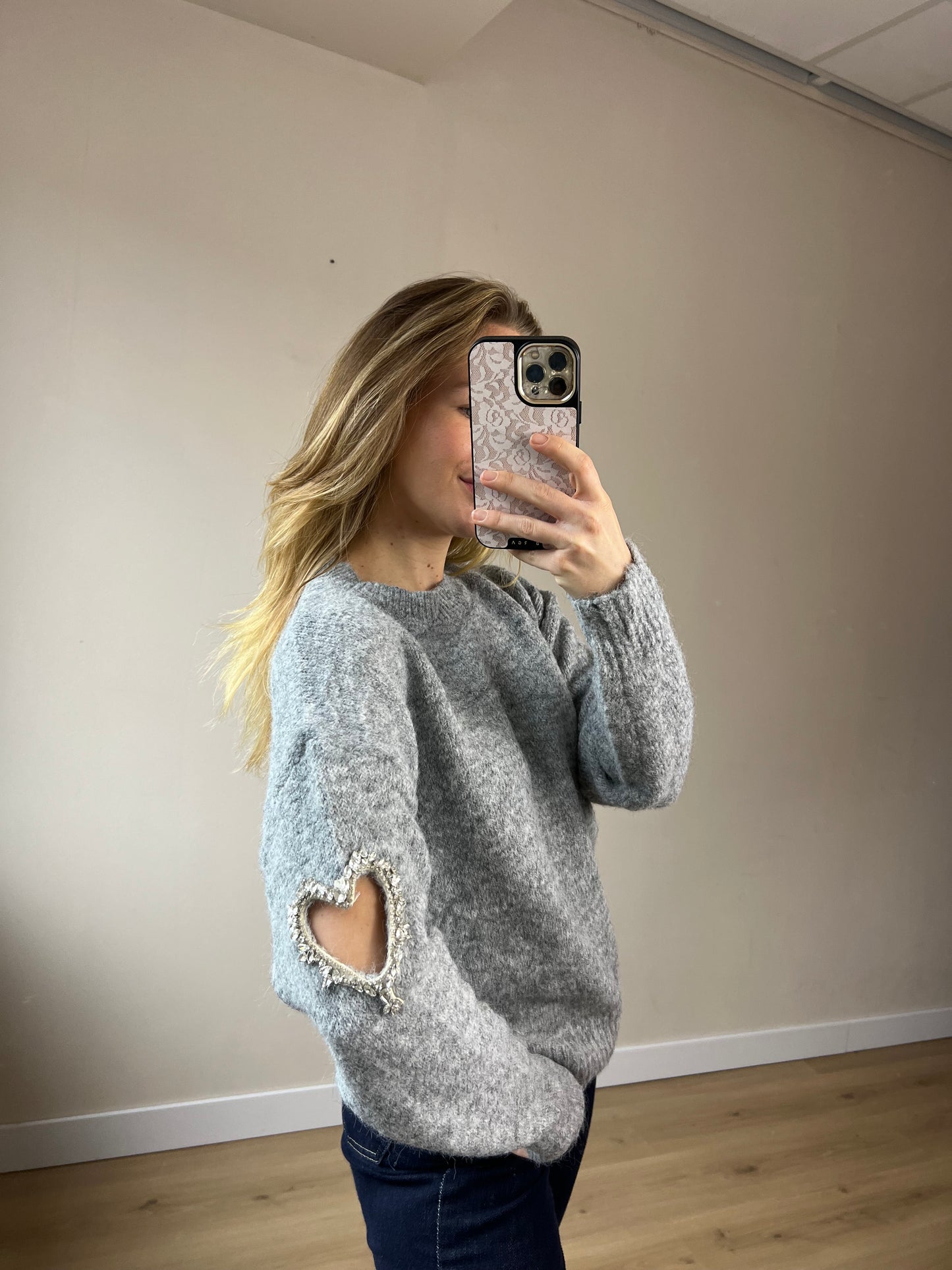 Heart Strass Sweater Grey